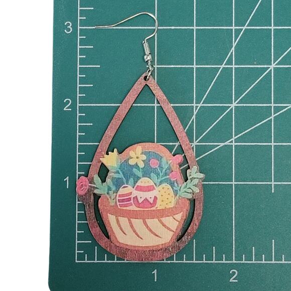 Easter Basket Earrings‎ Eggs Flowers Wooden Dangle Springtime Novelty Jewelry - Picture 4 of 4